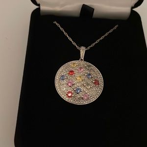 Amazing Effy pendant/necklace, 14kt white gold. Diamonds/multi colored Sapphire.